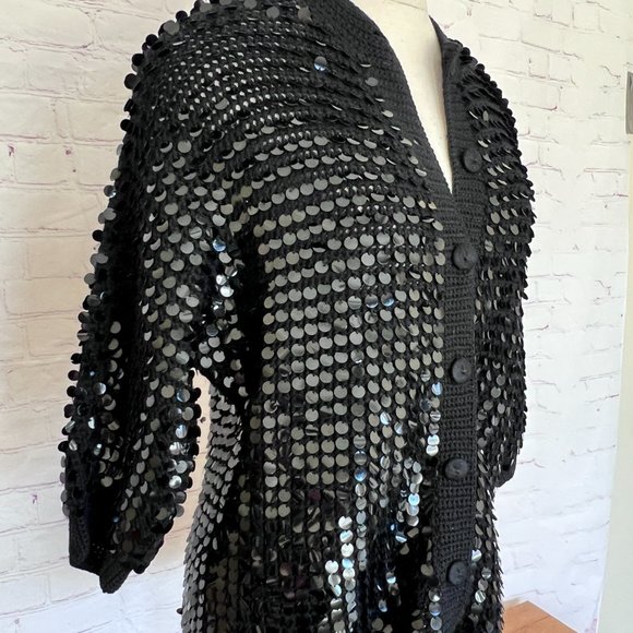 60's Black Sequin Cardigan/Sweater - Forecast Shops - Wool - Size Medium - Picture 4 of 11